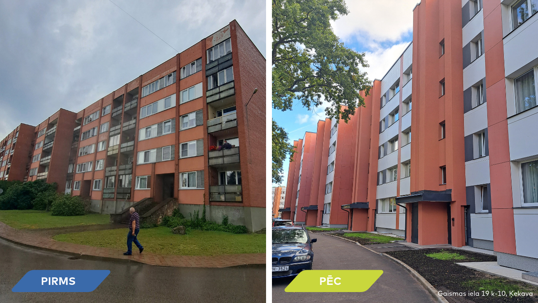 Atjaunotās daudzdzīvokļu mājas Gaismas ielas kvartālā Ķekavā.