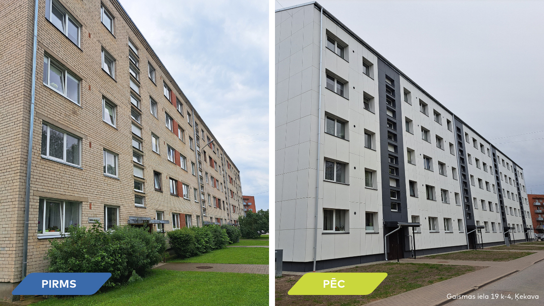 Atjaunotās daudzdzīvokļu mājas Gaismas ielas kvartālā Ķekavā.