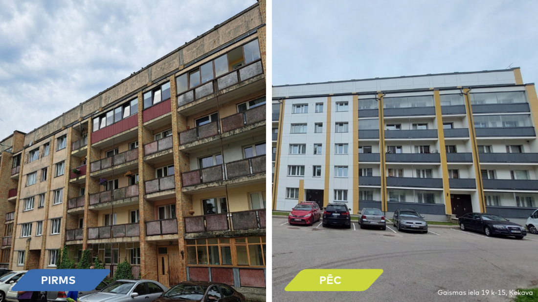 Atjaunotās daudzdzīvokļu mājas Gaismas ielas kvartālā Ķekavā.