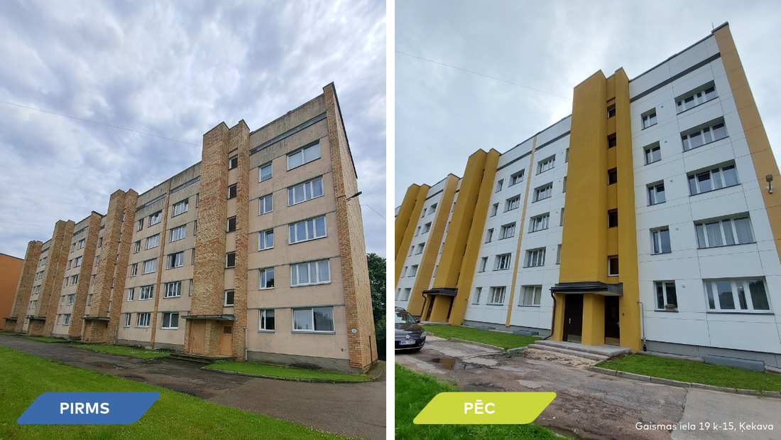 Atjaunotās daudzdzīvokļu mājas Gaismas ielas kvartālā Ķekavā.