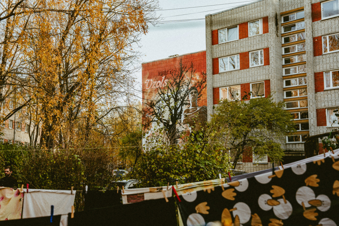 Pēc Ozola albuma "Cieņa un mīlestība" vāka motīviem veidotais murālis Mārupes ielas pagalmā.