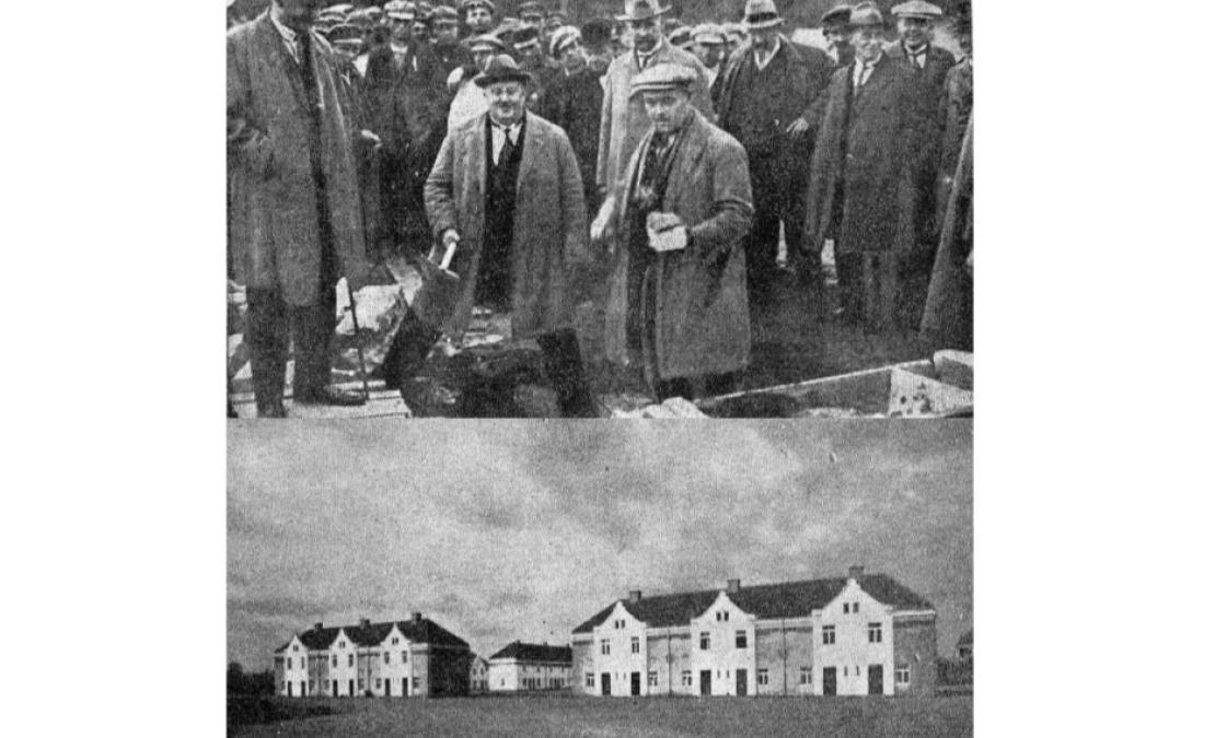 Pamatakmens likšana un Liepājas ielas rindu mājas 1927. gadā. Pamatakmens likšana un Liepājas ielas rindu mājas 1927. gadā.