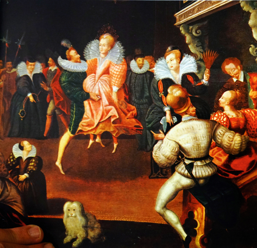 16. gs. nezināma autora gleznā – Elizabete dejo ar savu favorītu Lesteras grāfu Robertu Dadliju.