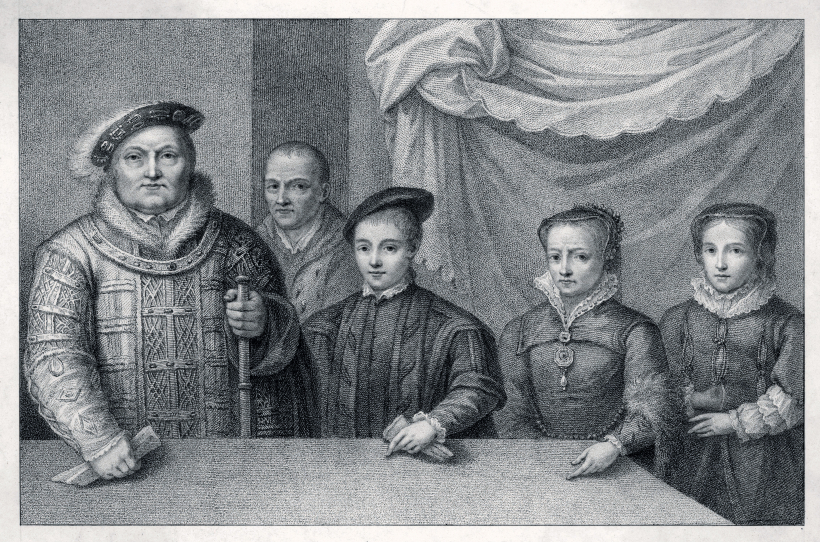 Karalis Henrijs VIII ar bērniem Eduardu (vēlāko karali Eduardu VI), Mariju (karalieni Mariju I Tjūdoru) un Elizabeti (karalieni Elizabeti I). Aizmugurē – galma āksts Vils Sommers.