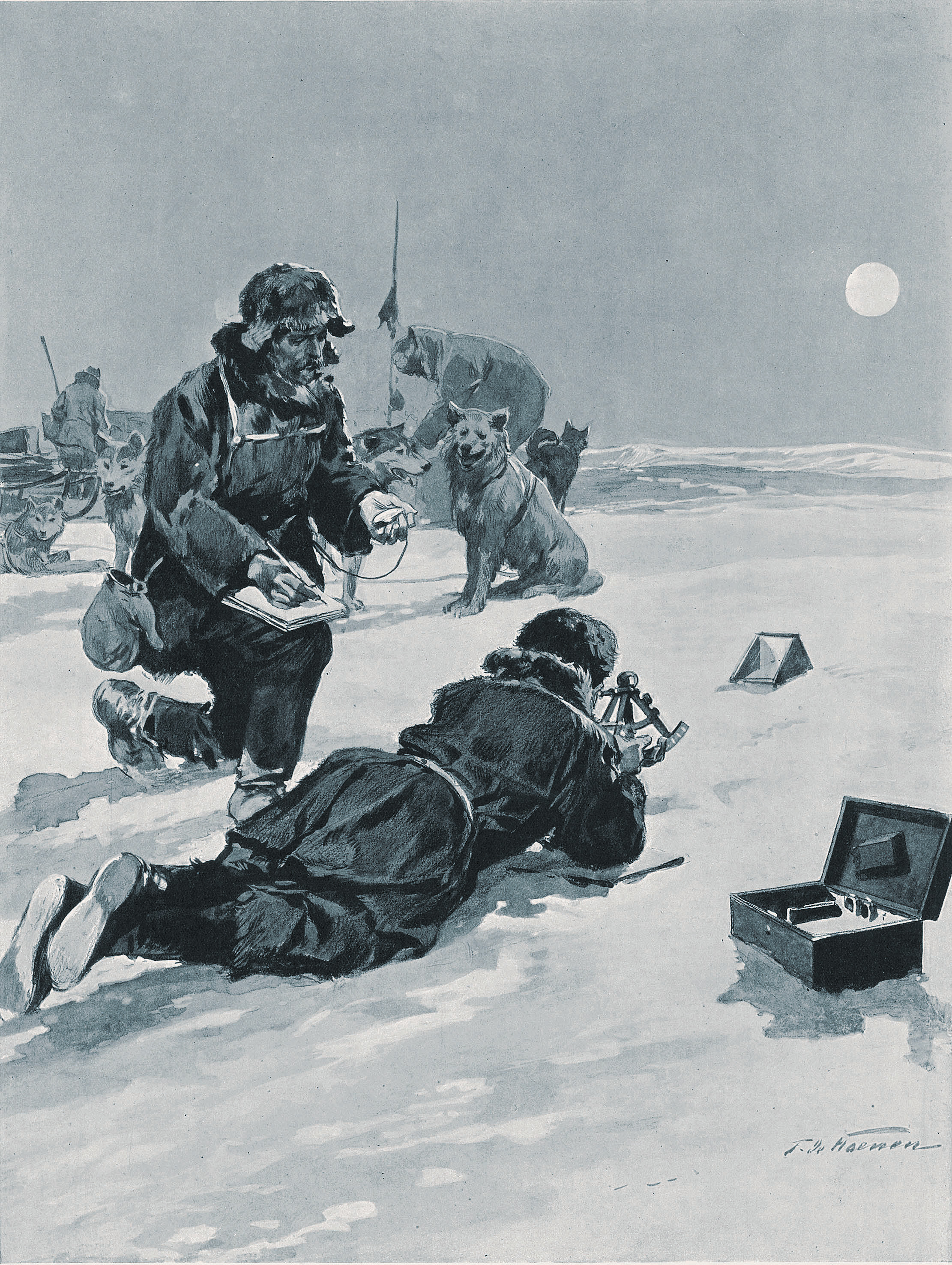 Roalds Amundsens, aprēķinot atrašanās vietu Dienvidpolā, 1911. gadā.