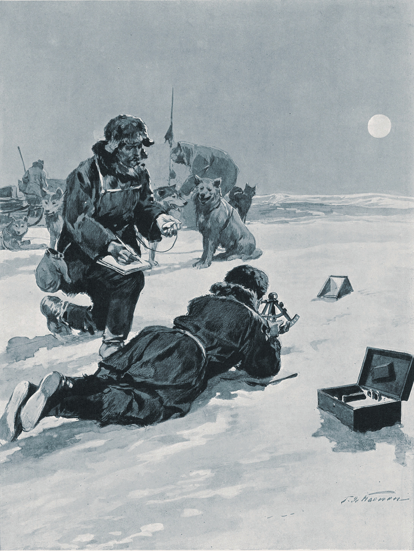 Roalds Amundsens, aprēķinot atrašanās vietu Dienvidpolā, 1911. gadā.