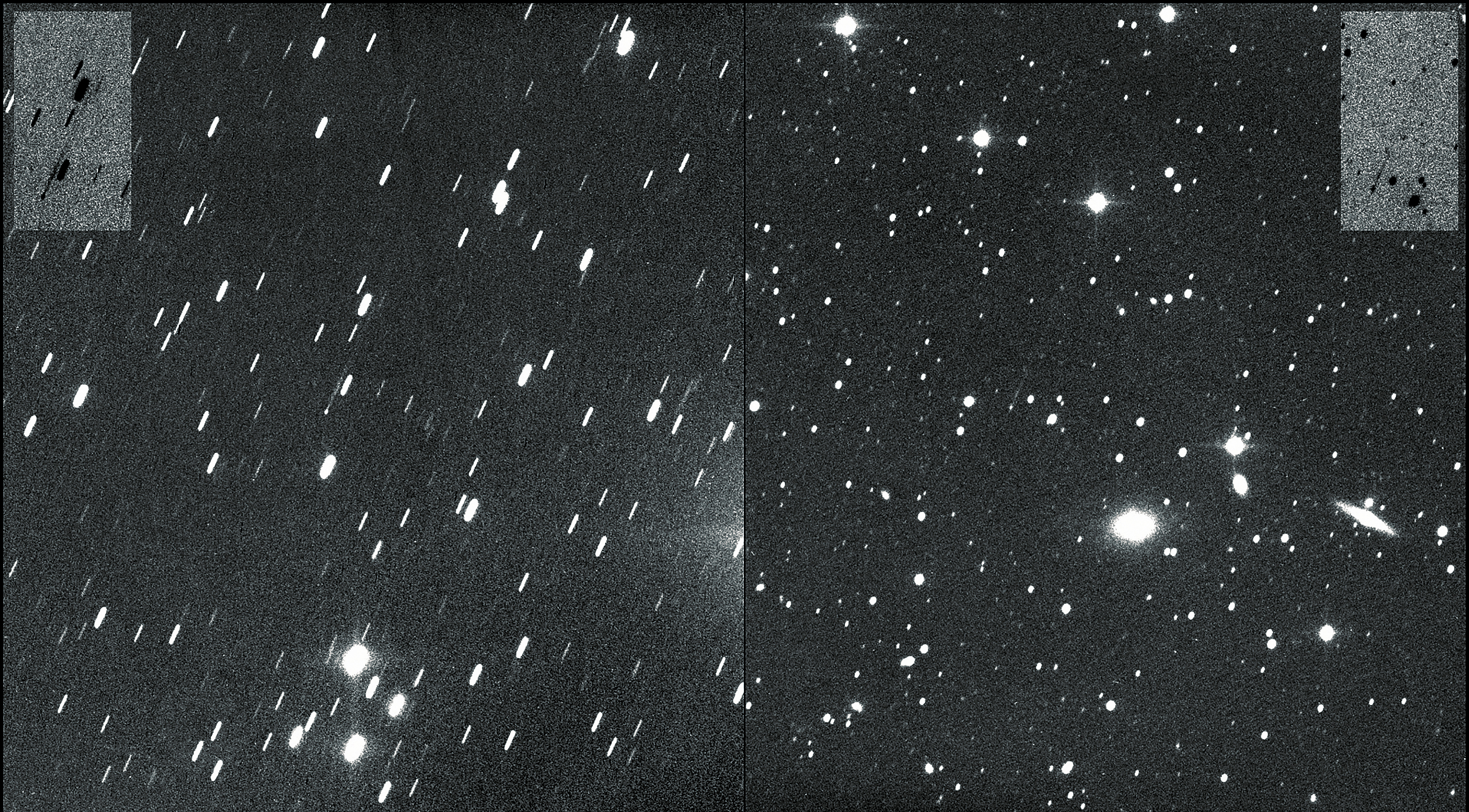 Kosmiskā objekta ‘(248370) 2005 QN173’ stāvoklis 2021. gada 12. septembrī (pa kreisi) un 27. oktobrī (pa labi) liecina par to, ka šis asteroīds vienlaikus ir arī komēta.