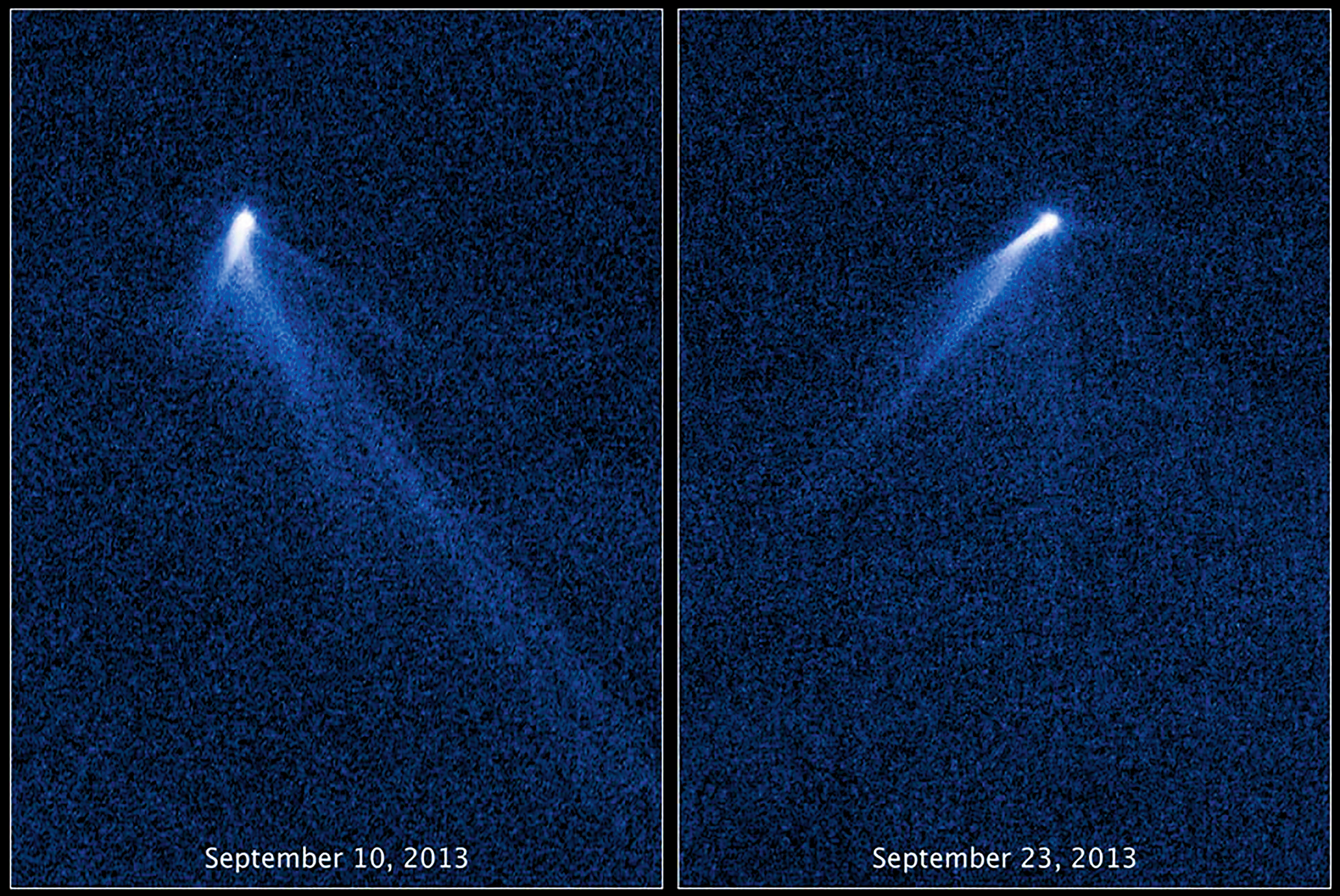 Habla kosmiskā teleskopa fiksētā objekta ‘P/2013 P5’ putekļu un gāzu astes rotē ap savu centru. Pa kreisi – 2013. gada 10. septembrī uzņemtais attēls, pa labi – 23. septembrī fiksētā situācija.