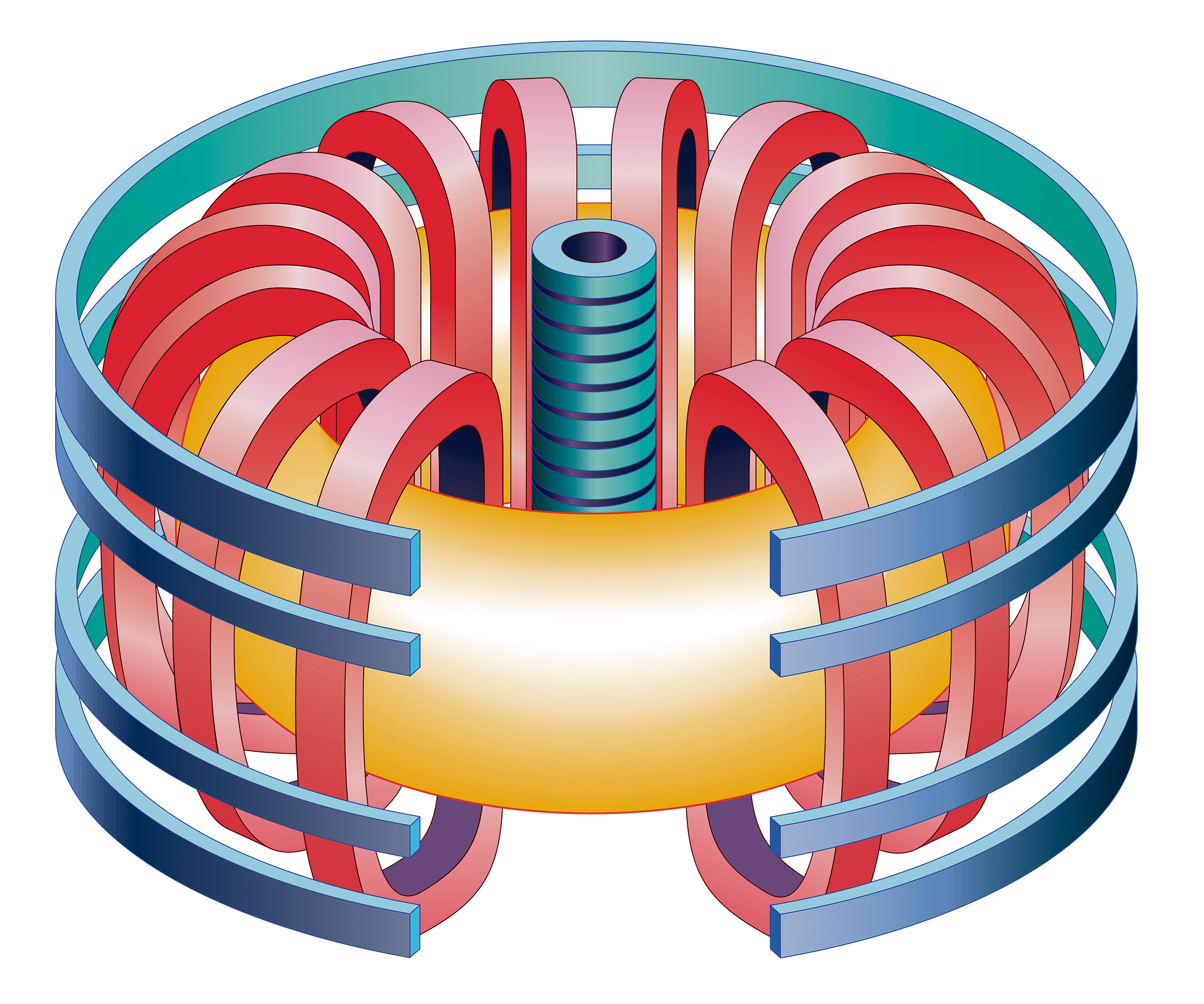 “Tokamak” kodolsintēzes reaktora shēma. Superjaudīgu magnētu (zili un sarkani) radītais magnētiskais lauks notur plazmu (dzeltenā krāsā) tora formā.