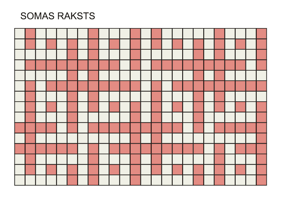 Komplektā ir arī soma, kuras pamats tamborēts no vienkrāsainiem tumšākiem bezapmetuma stabiņiem, bet visa soma – rakstaina. Augšmalas apdare arī veidota vienkrāsaina.