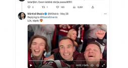 Mārtiņš Staķis sociālajos tīklos publiskojis videoierakstu, kur 28. maijā hokeja spēles skatītāju rindās Tamperē redzams kopā ar dēlu.