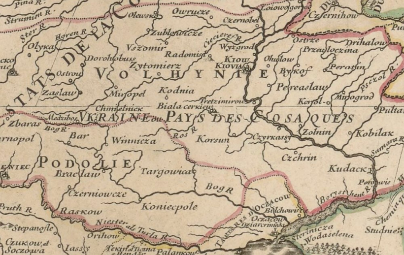 "Vkraine ou Pays des Cosaques" ("Ukraina – kazaku zeme") lasāms kartē.
