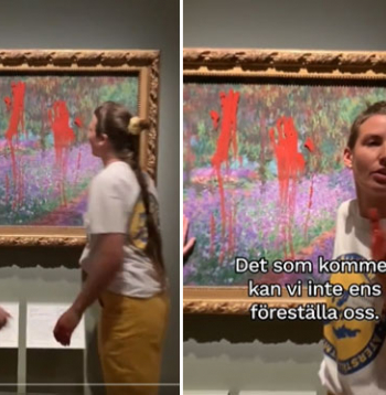 Vides aktīvistes Stokholmā nosmērējušas ar sarkanu krāsu Monē gleznas aizsargstiklu.