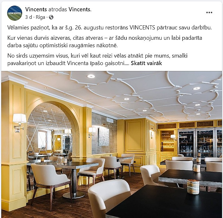 Restorāna "Vincents" paziņojums.