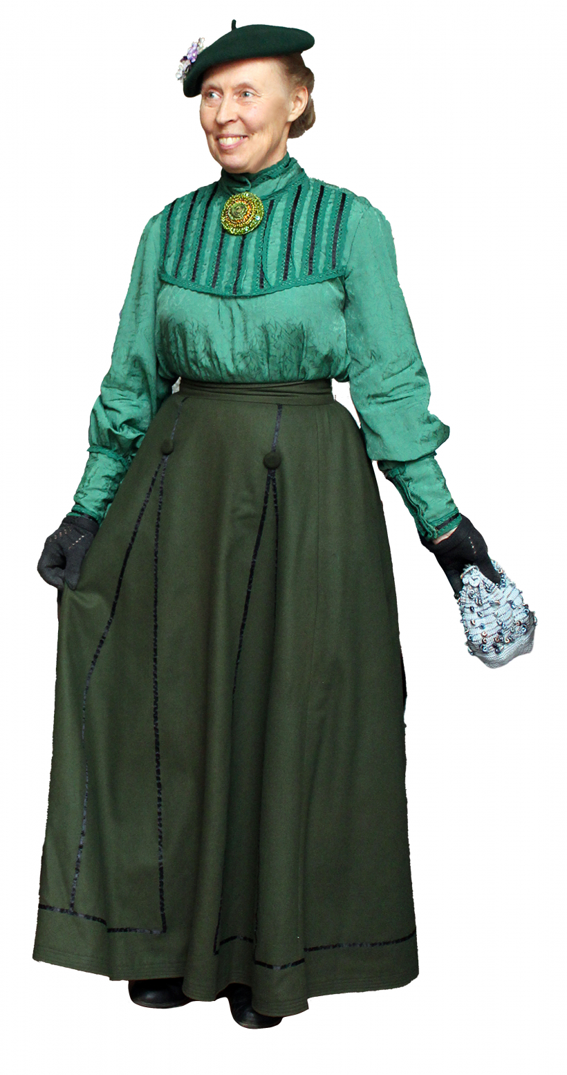 Jūgendstila tērpu veido šādas detaļas: svārki, blūze, adītas melnas zeķes, paaugstināti šņorzābaki, adīti melni cimdi un filca cepure ar ziediņiem.