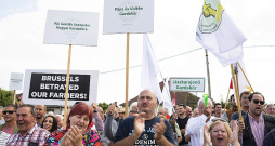 Ungārijas lauksaimnieki Zāhoņā protestē pret Eiropas Komisijas lēmumu izbeigt Ukrainas labības importa aizliegumu.