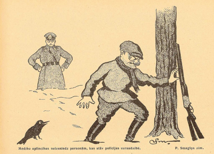 Medību apliecības neizsniedz personām, kas stāv policijas uzraudzībā. Karikatūra izdevumā "Mednieks un Makšķernieks" (01.04.1940.).