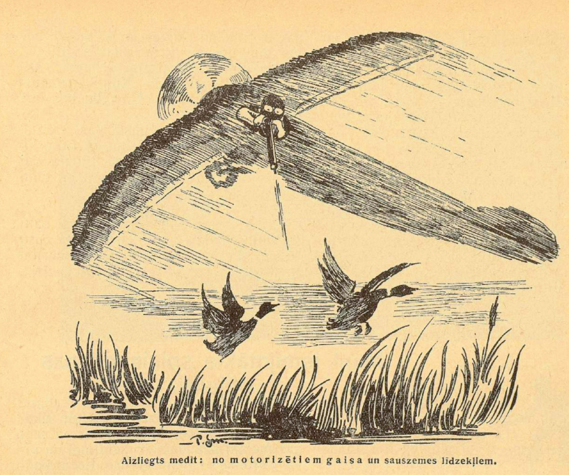 Aizliegts medīt no motorizētiem gaisa un sauszemes līdzekļiem. Karikatūra izdevumā "Mednieks un Makšķernieks" (01.01.1939.).