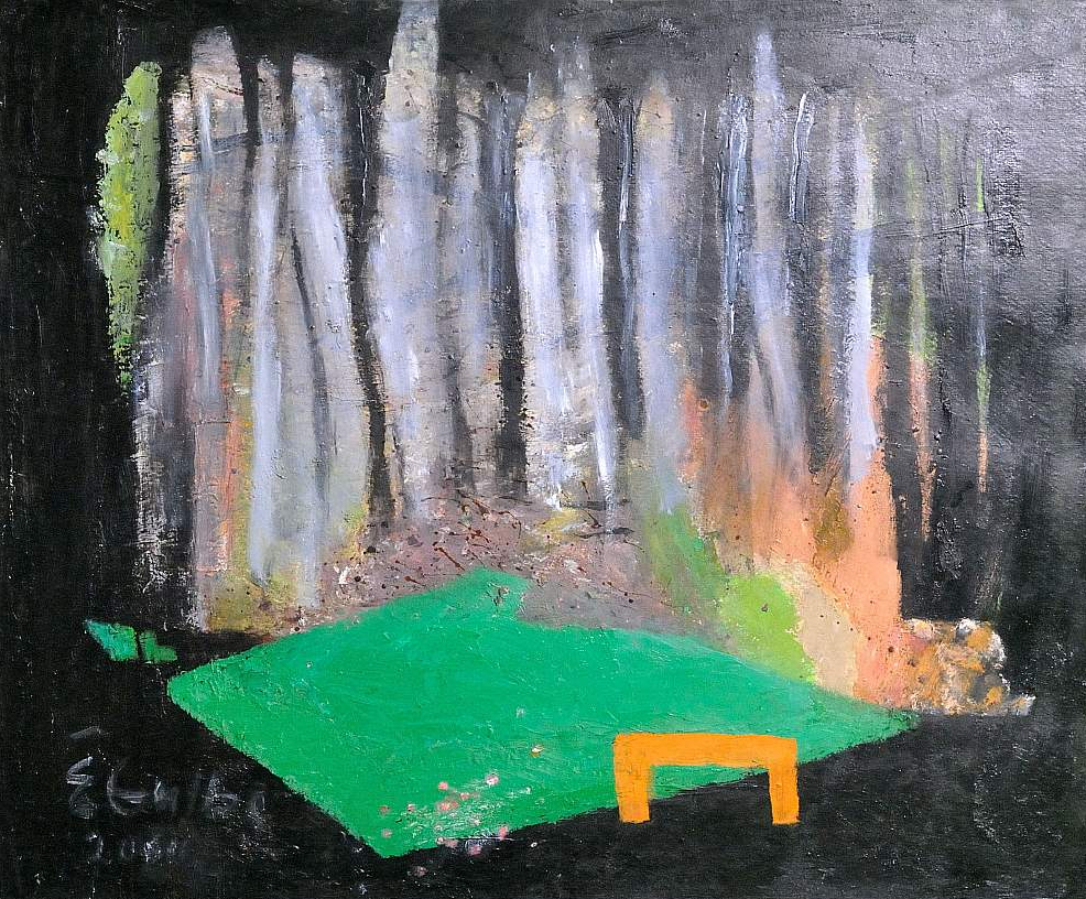 Ērika Gulbe, "Vientuļais soliņš". 2000. Kartons, eļļa.