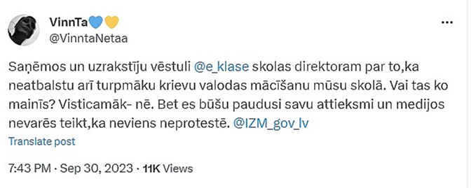 Kāda māte sociālajos tīklos vēsta, kā viņa rīkojusies, lai bērnam nebūtu skolā jāmācās krievu valoda.