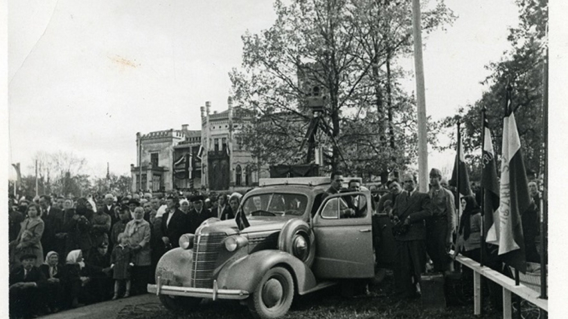 Eduarda Krauca “Skaņu filmu hronikas” filmēšanas grupa izbraukumā, 20.gs. 30. gadi.