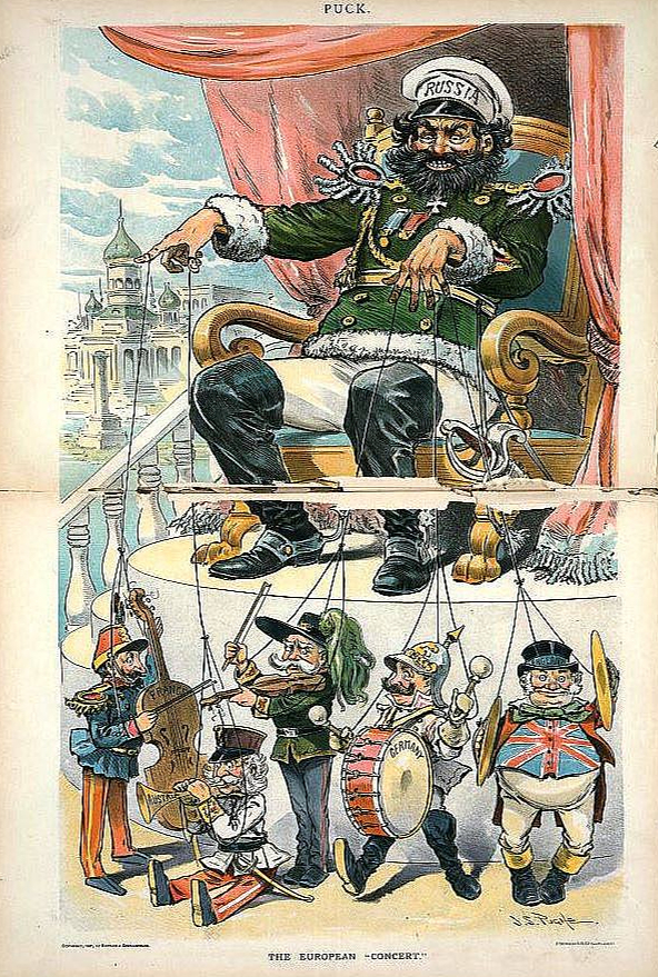 Krievija diriģē "Eiropas koncertu". Karikatūra no 1897. gada ASV satīras žurnāla "Puck".