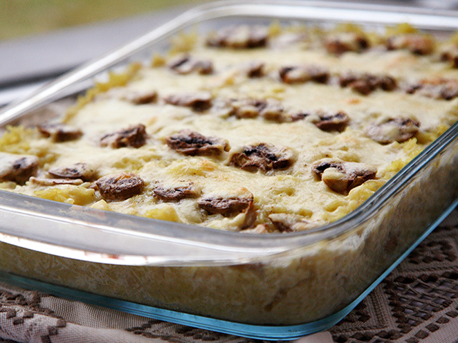 Šampinjonu sacepums ar rīsiem.