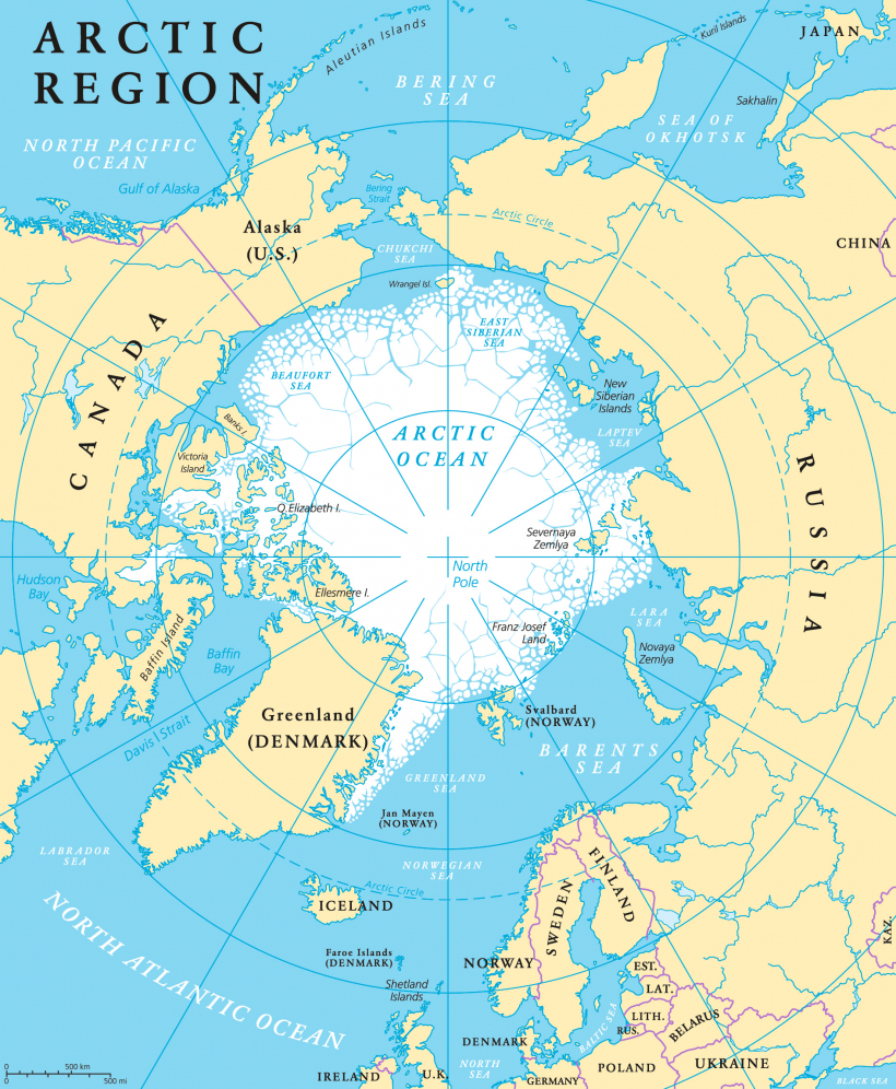 Kartes centrā – Arktikas reģions.