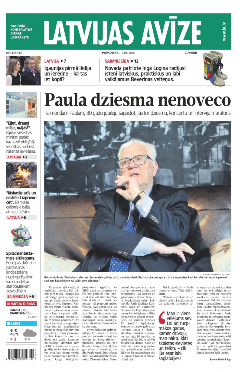 "Latvijas Avīze". 2016. gada 11. janvāris.
