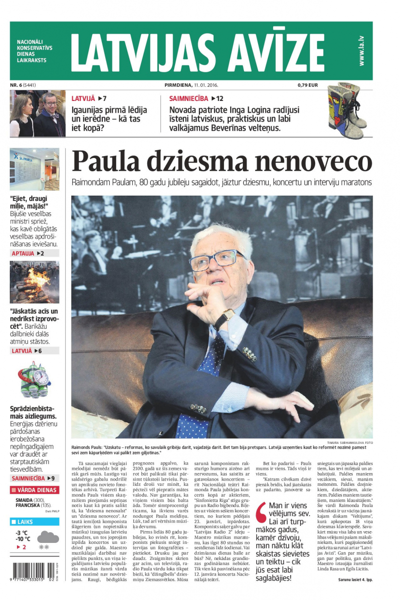 "Latvijas Avīze". 2016. gada 11. janvāris.