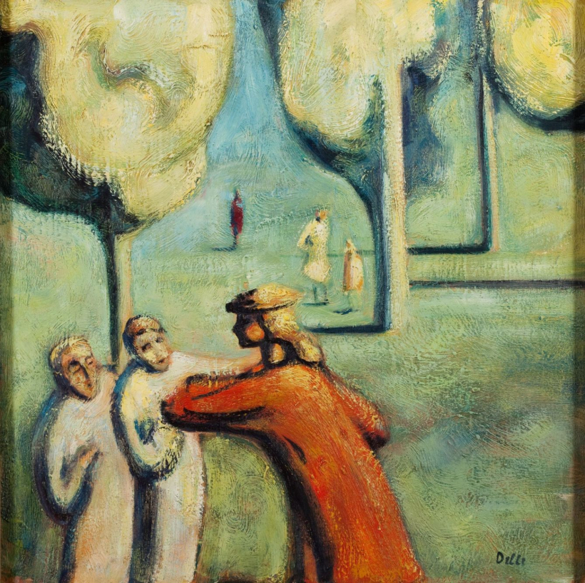 Biruta Delle. "Saruna dārzā". 1988. gads. Audekls, eļļa. LNMM kolekcija.