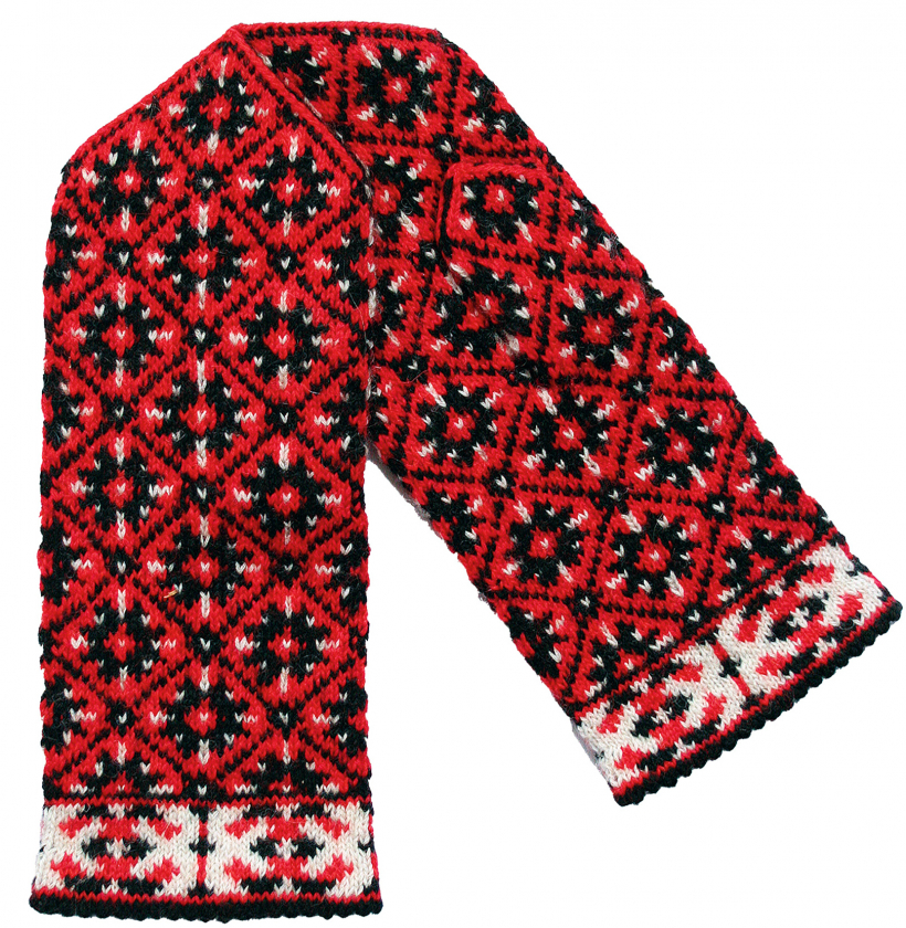 Sarkanie cimdi ar robiņu uzmetumu.