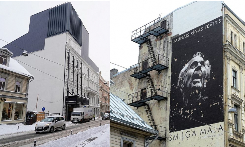 Jaunā Rīgas teātra ēkas siena 2023. un 2014. gadā.