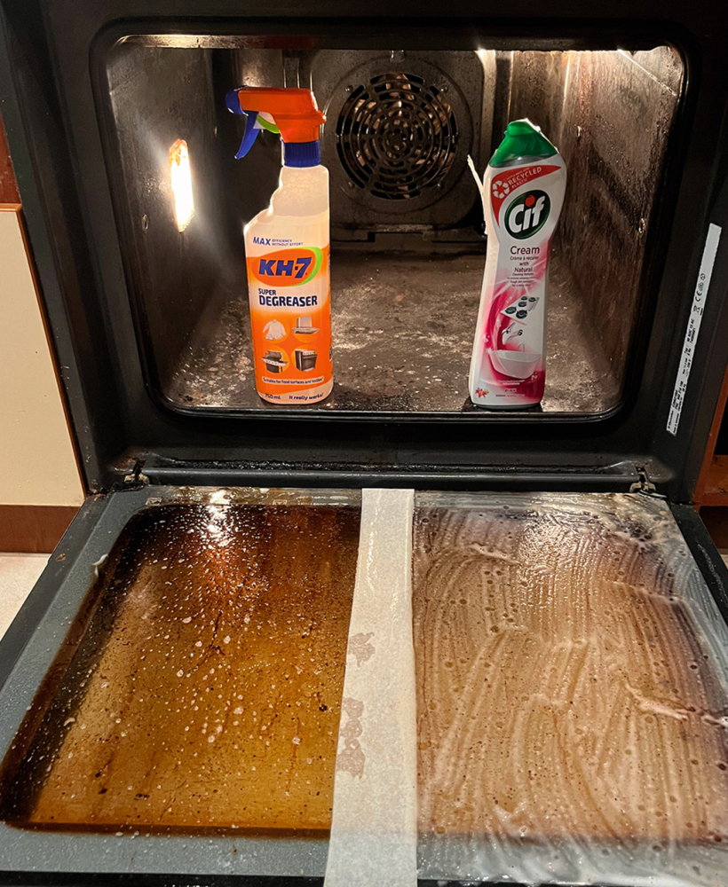 Izmantojot šķidru tīrīšanas līdzekli uz cepeškrāsns durvīm, ieteicams tās atstāt vaļā, lai līdzeklis nenotecētu un labāk iedarbotos uz piedegušajiem taukiem.