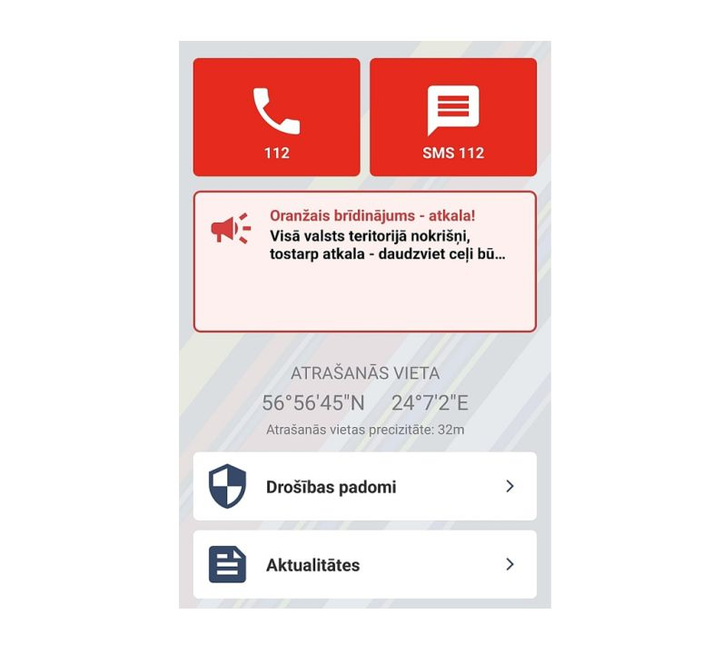 Izveidota jauna lietotne "112 Latvija", ko katrs iedzīvotājs var instalēt savā viedtālrunī. Tās lietotājs saņems paziņojumu tālruņa ekrānā par iespējamo apdraudējumu, piemēram, sarkanā vai oranžā līmeņa brīdinājumus par bīstamiem laikapstākļiem, trauksmes sirēnu pārbaudi un citiem notikumiem, kas liek iedzīvotājiem būt gataviem nepieciešamības gadījumā rīkoties vai prasa iedzīvotāju nekavējošu rīcību. Zvanot pa vienoto ārkārtas palīdzības izsaukumu tālruņa numuru 112 no lietotnes "112 Latvija", 112 dispečeri redzēs aptuveno zvanītāja atrašanās vietu.