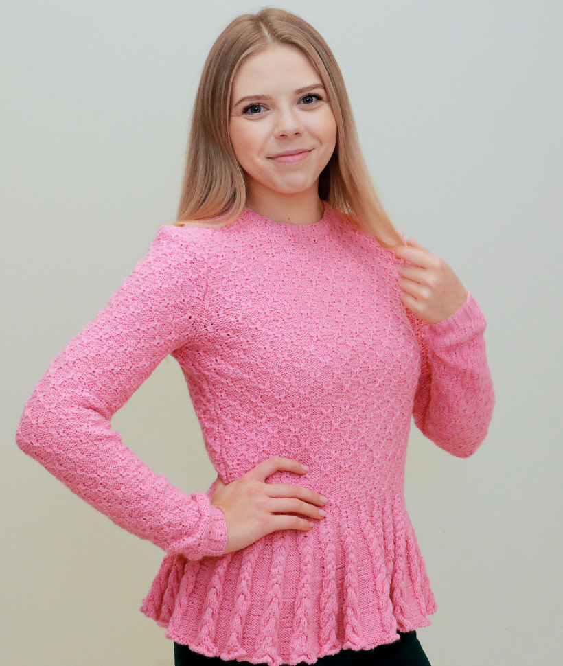 Rozā džemperis Rūtai adīts 36.–38. izmēram.